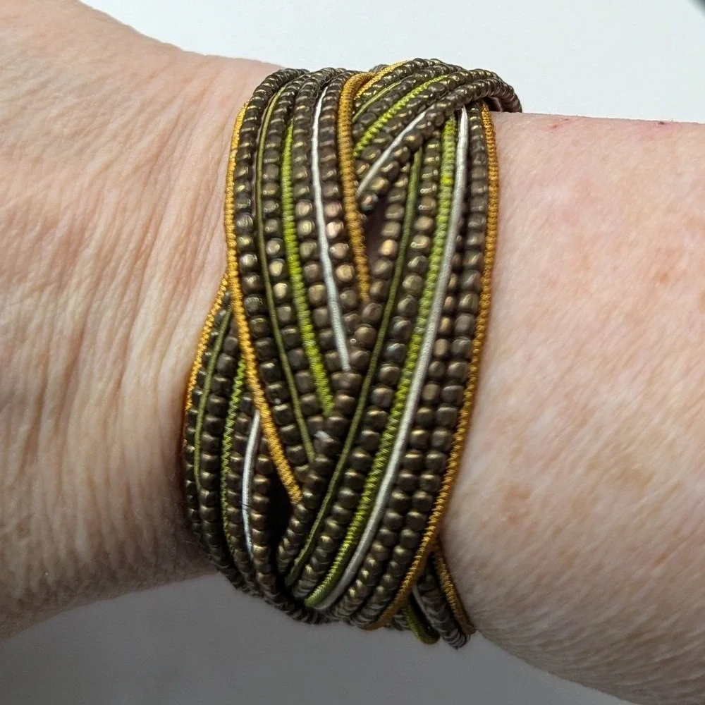 Vintage Multi Strand Beaded Cuff Bracelet Braided Wrap‎ OSFM Boho Braided  Woven